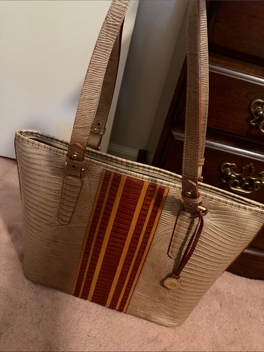Brahmin Beige and Brown Stripe Tote Bag - Classic Women's Shoulder Bag